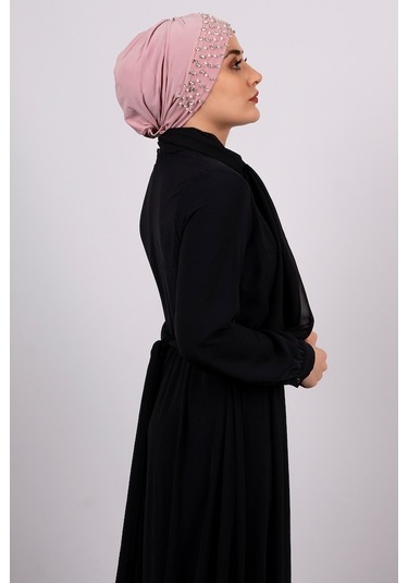 Pudra Pratik Hazır Geçmeli Tesettür Bone Sandy Kumaş Taşlı 1456_0 Pudra