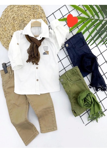 9-12-18-24 Ay Ve 3-4-5 Yaş Fularlı Pamuk Keten Gömlekli Pantolonlu 3lü Erkek Bebek Takımı Bej Çok Renkli