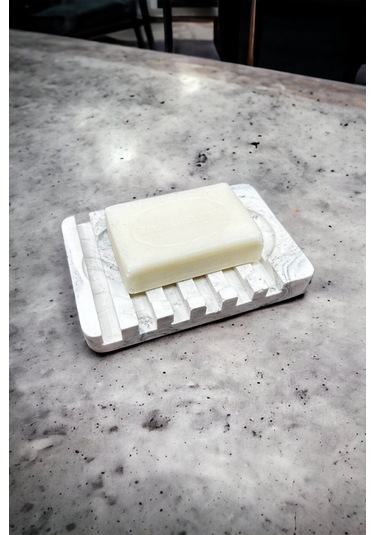 Betonmall Mermer Desenli Banyo Mutfak Tuvalet Beton Katı Sabunluk Su Giderli 8x13 Cm - Beyaz Beyaz