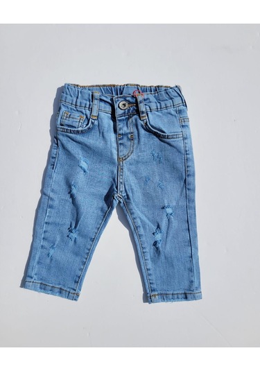 Erkek Bebek Beli Lastikli Yırtık Detaylı Kot Pantolon-11699-kot Mavi