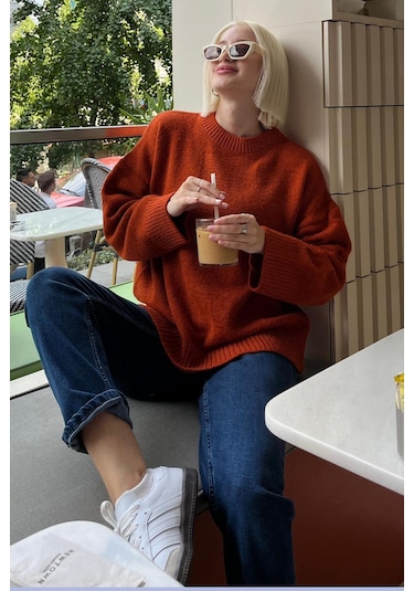 Kiremit Bisiklet Yaka Oversize Triko Kazak Mg1972 Kiremit