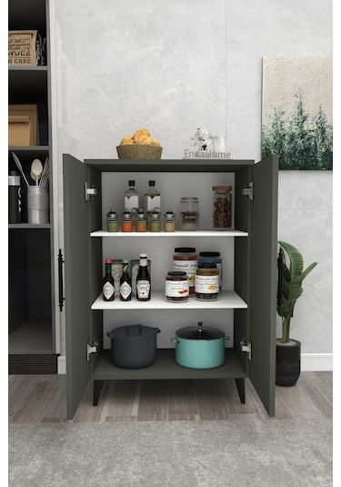 6 Raflı 4 Kapaklı Çok Amaçlı Dolap Beyaz - Koyu Gri Çok Renkli