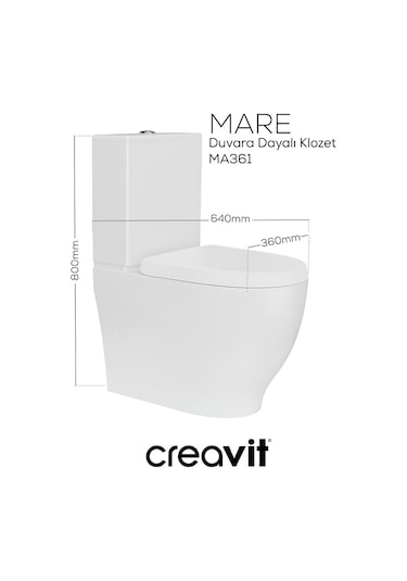 Creavit Mare Beyaz Kanalsız Duvara Sıfır Klozet Takımı Ma361, Creavit Mare Duroplast Yavaş Kapak Beyaz