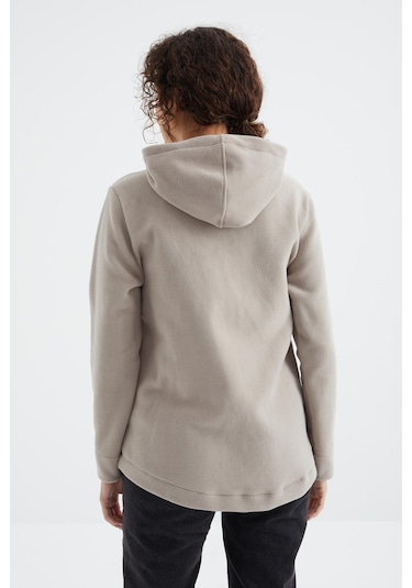 Tommy Life Koyu Bej Kapüşonlu Fermuarlı Rahat Form Kadın Polar Sweatshirt - 97233 Koyu Bej