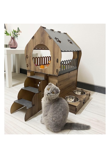 Reyo Pet Dekoratif Teraslı Kedi Evi ve Mama Kabı Seti