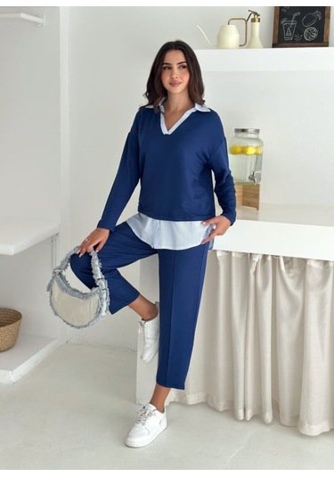 Polo Yaka Gömlekl Detay Salaş Balon Pantolunlu Ikılı Takım mavi