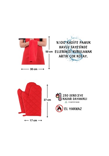 Star Ayar Askılı Havlulu 4lü Mutfak Önlüğü Seti 2 Eldiven Kırmızı-kırmızı-kırmızı