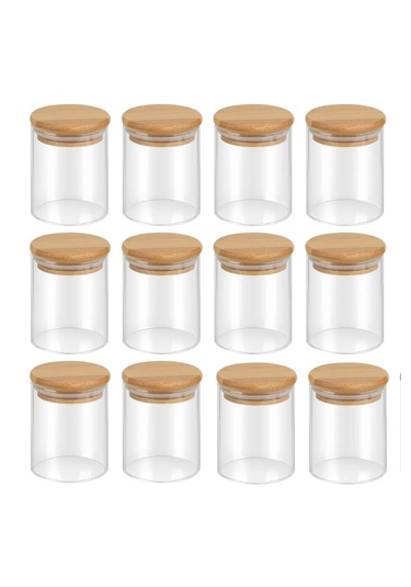 12 Adet Vakumlu Bambu Kapaklı Borosilikat Baharatlık, Saklama Kabı, Çerezlik 200 Ml Şeffaf Cam