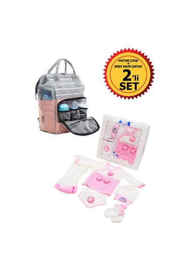 Bebek Bakım Çantası Ve 5 Parça Papatya Hastane Çıkışı İkili Set Pembe