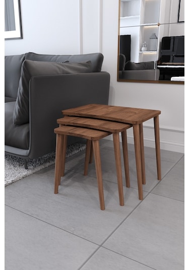 Esma Orta Sehpa Ve Zigon Sehpa 4'Lü Ahşap Ayaklı Salon Seti-Ceviz