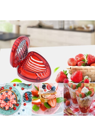 Sones Mutfak Aleti Plastik Çilek Dilimleyici Meyve Bıçağı Paslanmaz Çelik Bıçaklı Kırmızı