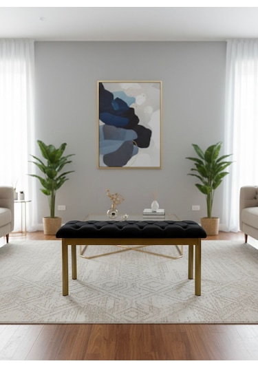Loft Kapitone Döşeme Metal Gold Ayaklı Puf & Bench - 105x40 Cm Siyah