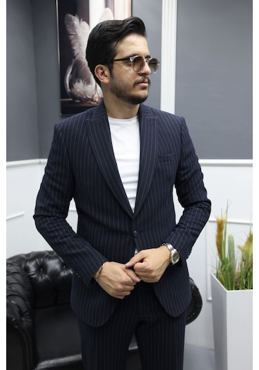 Avni Ceylan Monoline Elegance Stil Gofre Kumaş Tek Düğme Takım Elbise Lacivert