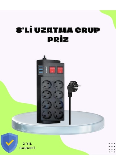Buğz Termal Korumalı 8 Prizli 3 Usb Li Uzatma Kablosu