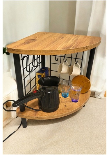 Mutluluk Köşesi Tezgah Üstü Raf Mini Kahve Köşesi Ve Baharatlık 6 Kancalı Organizer Çam