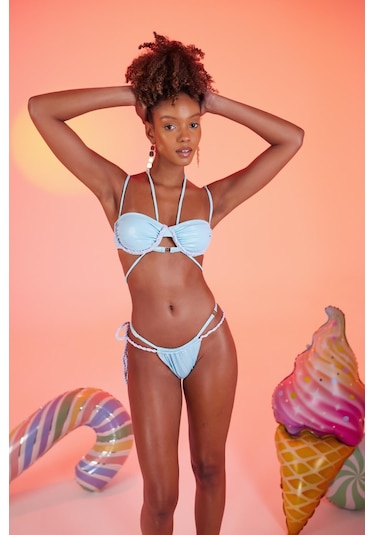Holly Lolly Özel Yapım Parlak Kumaşlı Premium Mia Bikini Üstü Mavi