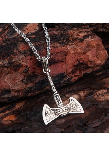 Çift Taraflı Savaşçı Baltası Erkek Kolye Çelik İskandinav Takı