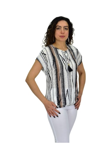 Kadın Kısa Kol Baskılı Bluz Bgl-st04695 Krem