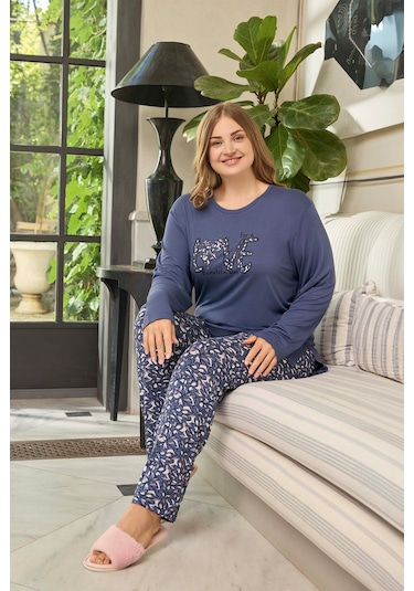 Aydoğan Kadın İnci Büyük Beden Love Ortanca Mor Pijama Takım 0656 Mor