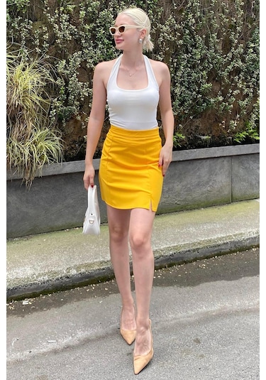 Madmext Sarı Yüksek Bel Önden Yırtmaçlı Kısa Etek Mg2086 Sarı