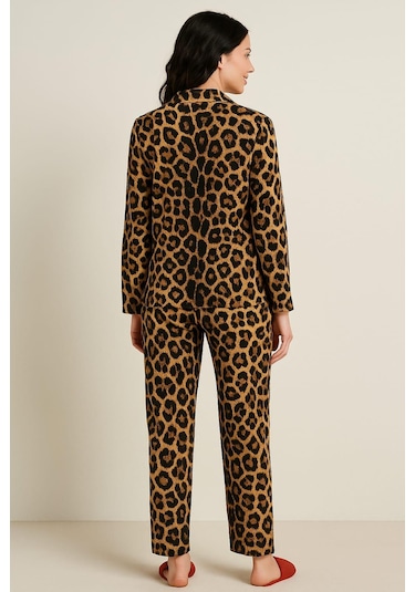 Kadın 6443 Süet Düğmeli Uzun Kol Pijama Takımı Leopar LEOPAR