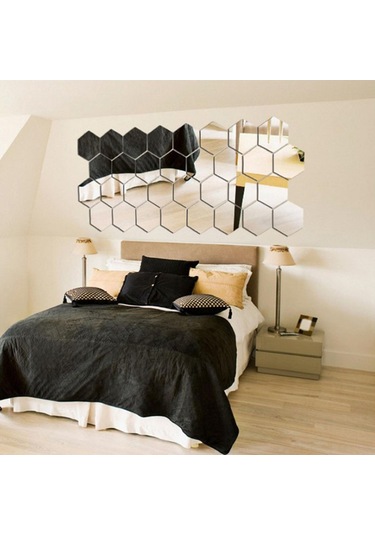 Yaleker Gümüş Renkli Plastik Hexagon Gölge Duvar Sticker Seti - 18.4x16x9.2cm Ve 12.6x11x6.3cm Seçenekleri Gümüş