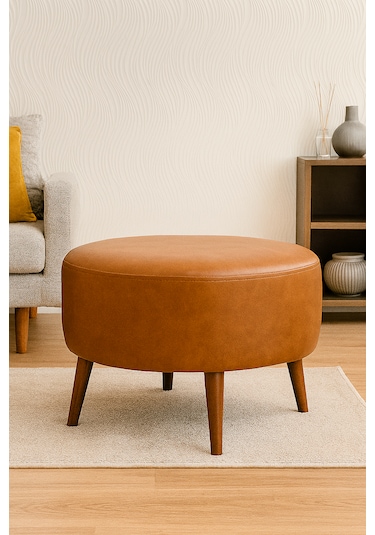 Large Büyük Yuvarlak Modern Puf - 60 Cm - Deri Kumaş - Taba