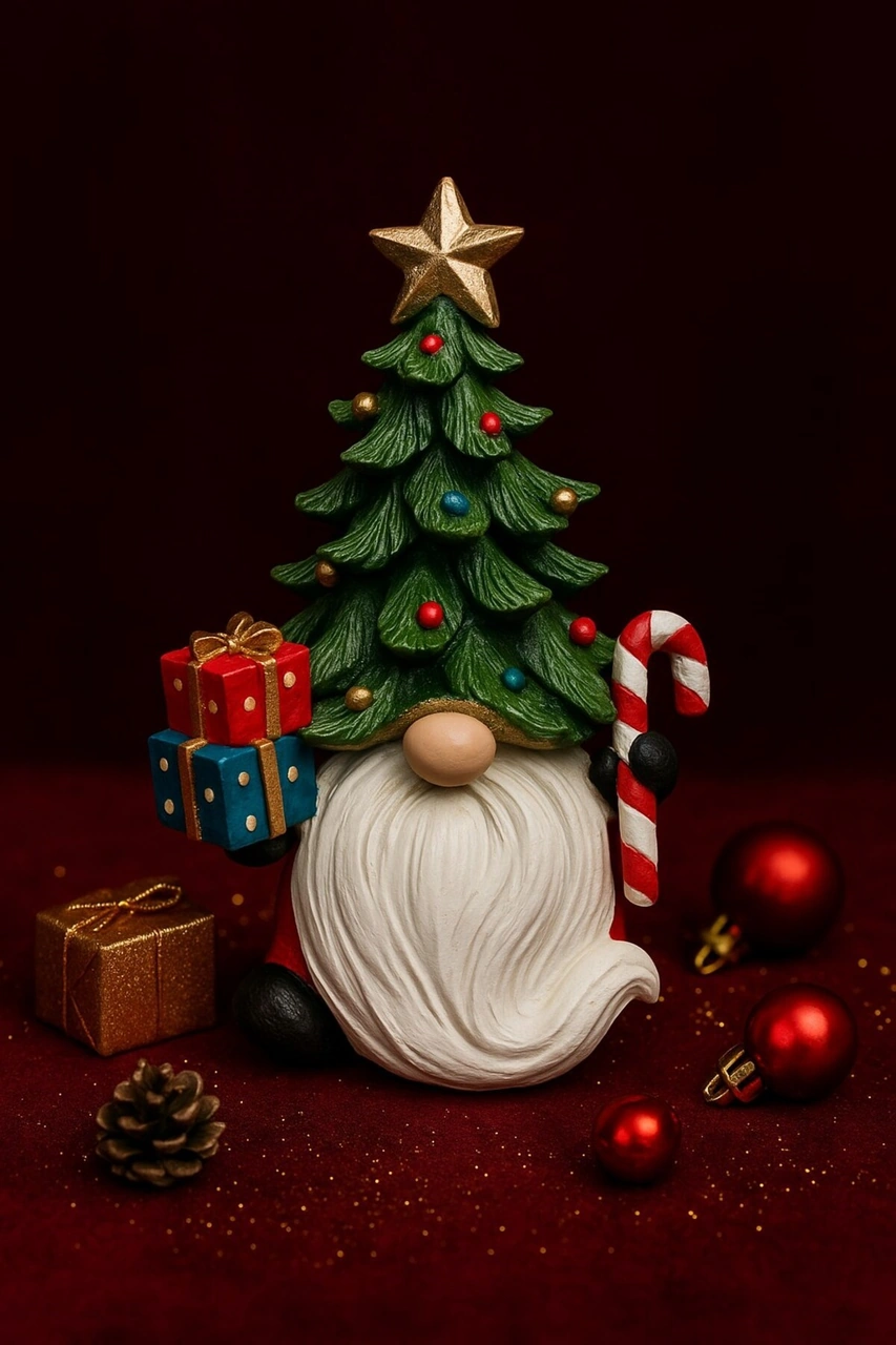 Noel Baba Sakallı Çam Ağacı Figürlü Yılbaşı Christmas El Yapımı Süs Polyester Hediye Biblo 19 Cm Kırmızı