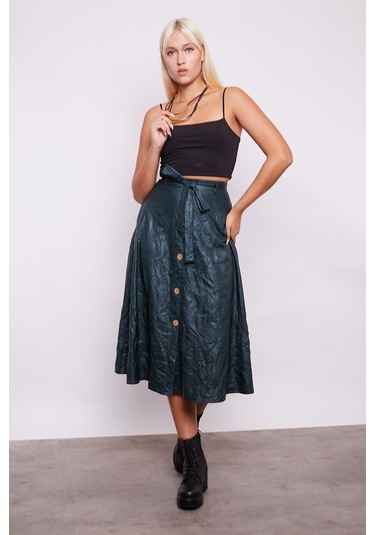 Jument Kraş İnce Deri Yüksek Bel Yan Cepli Kiloş Uzun Etek-Zümrüt