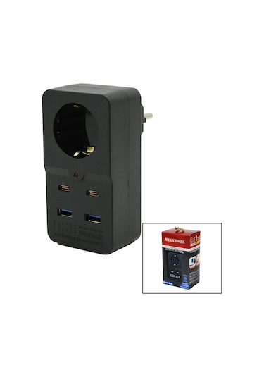 Termal Akım Korumalı 1xpriz 2x Usb 2x Type-c Duvar Tipi Priz Siy 2 M