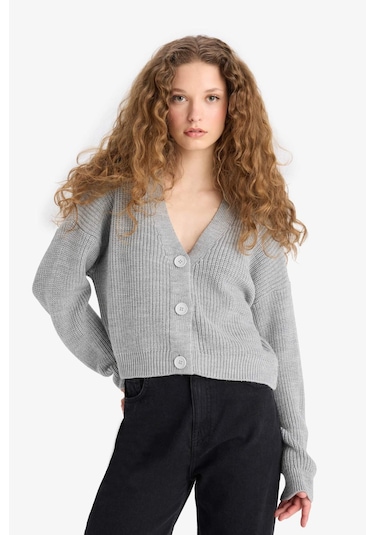 Defacto Regular Fit V Yaka Düğmeli Triko Hırka U2052az25wngr76 Gri