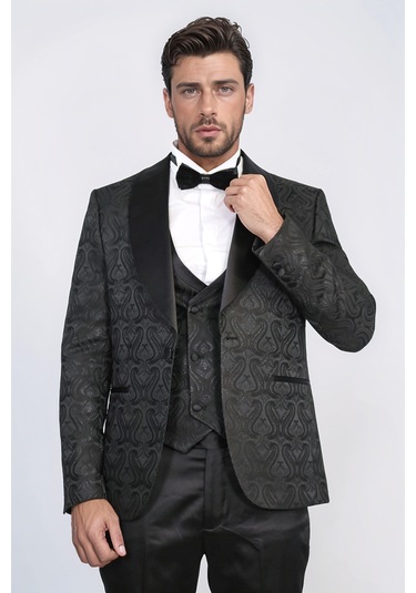Dalgalı Desenli S Al Yaka Yelekli Siyah Smokin - Wessi Siyah