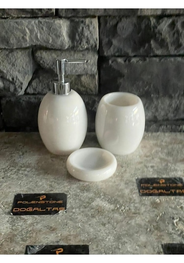Beyaz Oval Mermer Mutfak/banyo Seti 3'lü Beyaz
