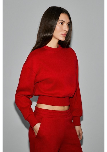 Grimelange Karalıs Kadın Pamuklu Bisiklet Yaka Crop Kırmızı Sweatshirt Kırmızı