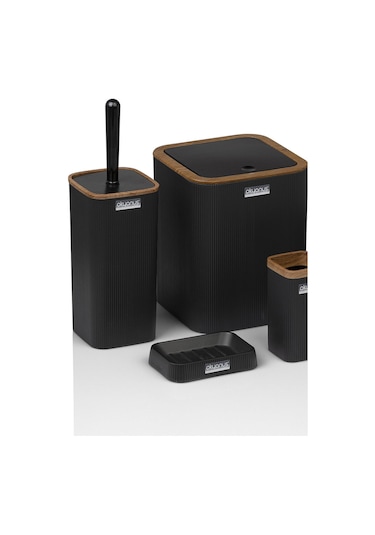 Okyanus Home Mina Siyah Ahşap Desenli Çizgili Kare 5'li Banyo Seti Siyah