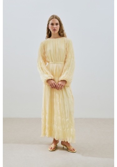 Piliseli Şifon Elbise Soft Sarı Soft Sarı