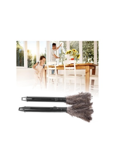 Fosenze Ev Ve Ofis Temizliği İçin Geri Çekilebilir Devekuşu Tüy Süpürgesi Seti - 2 Adet Doğal Malzeme, 16 İnç Ahşap Saplı Temizlik Aleti Gri