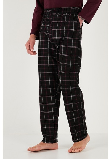 Buratti Ekoseli Regular Fit Yüksek Bel Cepli Bisiklet Yaka Erkek Pijama Takımı 6574002 Siyah-Bordo