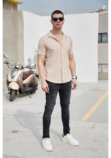 Krem Renk Dokulu Kısa Kol Erkek Gömlek-1583 Krem