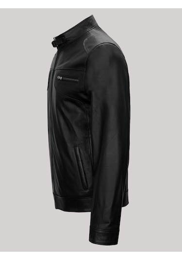 Hakiki Kuzu Derisi Fermuarlı Erkek Deri Mont Siyah Siyah