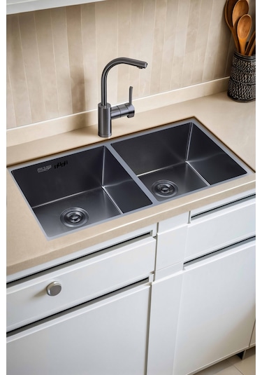 Han Serisi %100 Krom 82x45 İki Göz Paslanmaz Mutfak Eviyesi, Mutfak Lavabosu Sifon Dahil Siyah