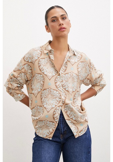 Never More Çini Desenli Modal Gömlek Kahve