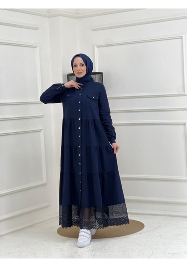 Dantelli Doğal Kumaşlı Boydan Düğmeli Kot Elbise Lacivert