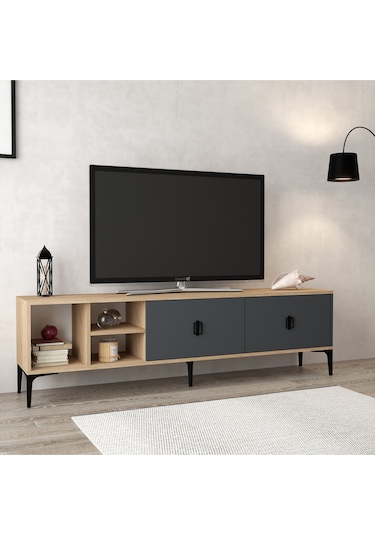 3805 Era Tv Ünitesi 180 Cm 2 Kapaklı Raflı Sepet - Antrasit Tv Sehpası Antrasit - Sepet Çok Renkli