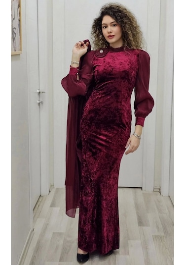 Çiçek Detaylı Çıkarılabilir Etekli Kadife Abiye 2752-bordo Bordo