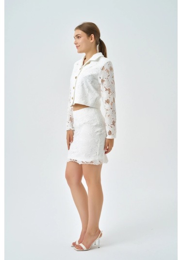 Modatalika Kadın Ceket Etek Dantel Özel Tasarım İkili Takım Ekru