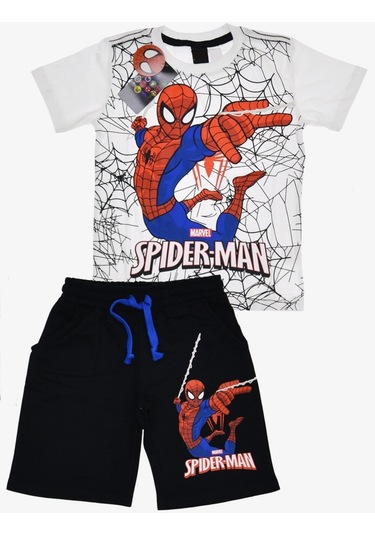 Erkek Çocuk Beyaz Renk Spiderman Örümcek Adam T-shirt ve Siyah Renk Şort Alt Üst 2 Parça Takım Beyaz