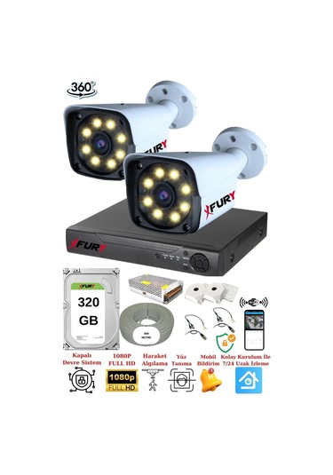 Fury 2 Kameralı 5MP Lens 1080P 2MP Color Görüntü 8 Warm Led Gece Görüş Full HD Güvenlik Kamera Sistemi 320