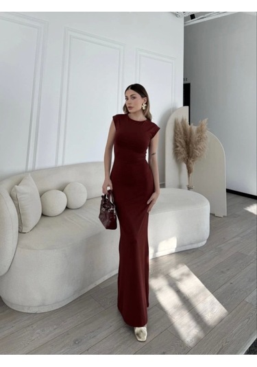 Kolsuz Uzun Likralı Elbise - Bordo Bordo