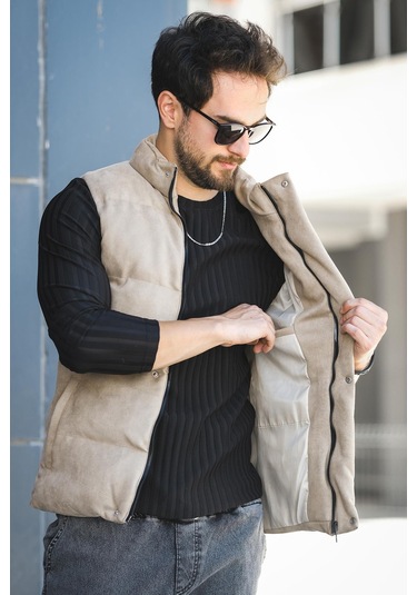 Taff Cepli Dik Yaka Dolum Erkek Şişme Süet Nubuk Yelek Bej